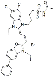 53014-11-2,2-[3-[1-[4-[(acetamido)sulphonyl]butyl]-5,6-dichloro-3-ethyl-1,3-dihydro-2H-benzimidazol-2-ylidene]prop-1-enyl]-3-ethyl-5-phenylbenzoxazolium bromide