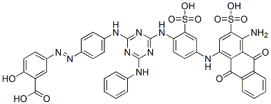 62572-84-3,5-[[4-[[4-[[4-[(4-amino-9,10-dihydro-9,10-dioxo-3-sulpho-1-anthryl)amino]-2-sulphophenyl]amino]-6-(phenylamino)-1,3,5-triazin-2-yl]amino]phenyl]azo]-2-hydroxybenzoic acid