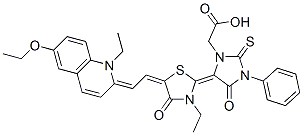 68758-87-2,5-[5-[(6-ethoxy-1-ethyl-1H-quinolin-2-ylidene)ethylidene]-3-ethyl-4-oxothiazolidin-2-ylidene]-4-oxo-3-phenyl-2-thioxoimidazolidine-1-acetic acid