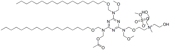 68833-63-6,Ethanaminium, 2-[[[4-[[(acetyloxy)methyl][(octadecyloxy)methyl]amino]-6-[(methoxymethyl)[(octadecyloxy)methyl]amino]-1,3,5-triazin-2-yl](methoxymethyl)amino]methoxy]-N,N-bis(2-hydroxyethyl)-N-methyl-, methyl sulfate (salt)
