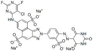 68957-39-1,trisodium 7-[(5-chloro-2,6-difluoropyrimidin-4-yl)amino]-2-[4-[(hexahydro-2,4,6-trioxopyrimidin-5-yl)azo]-3-sulphonatophenyl]-2H-naphtho[1,2-d]triazole-5,9-disulphonate