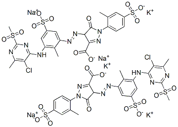 83399-91-1,4-[[3-[[5-chloro-6-methyl-2-(methylsulphonyl)-4-pyrimidinyl]amino]-2-methyl-5-sulphophenyl]azo]-4,5-dihydro-1-(2-methyl-4-sulphophenyl)-5-oxo-1H-pyrazole-3-carboxylic acid, potassium sodium salt