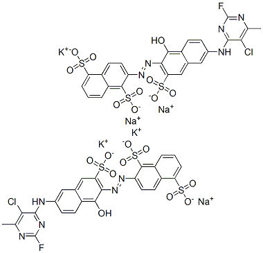 83399-97-7,2-[[6-[(5-chloro-2-fluoro-6-methylpyrimidin-4-yl)amino]-1-hydroxy-3-sulpho-2-naphthyl]azo]naphthalene-1,5-disulphonic acid, potassium sodium salt