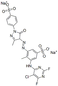 83400-22-0,2-[(5-chloro-2,6-difluoro-4-pyrimidinyl)amino]-6-[[4,5-dihydro-3-methyl-5-oxo-1-(4-sulphophenyl)-1H-pyrazol-4-yl]azo]toluene-4-sulphonic acid, sodium salt