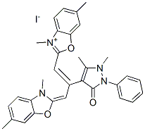 83803-40-1,2-[2-(2,3-dihydro-1,5-dimethyl-3-oxo-2-phenyl-1H-pyrazol-4-yl)-3-(3,6-dimethyl-3H-benzoxazol-2-ylidene)prop-1-enyl]-3,6-dimethylbenzoxazolium iodide