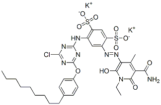 84434-49-1,dipotassium 4-[[5-(aminocarbonyl)-1-ethyl-1,6-dihydro-2-hydroxy-4-methyl-6-oxo-3-pyridyl]azo]-6-[[4-chloro-6-(4-nonylphenoxy)-1,3,5-triazin-2-yl]amino]benzene-1,3-disulphonate