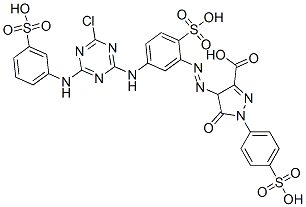 93858-25-4,4-[[5-[[4-chloro-6-[(3-sulphophenyl)amino]-1,3,5-triazin-2-yl]amino]-2-sulphophenyl]azo]-4,5-dihydro-5-oxo-1-(4-sulphophenyl)-1H-pyrazole-3-carboxylic acid