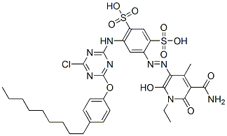 93858-29-8,4-[[5-(aminocarbonyl)-1-ethyl-1,6-dihydro-2-hydroxy-4-methyl-6-oxo-3-pyridyl]azo]-6-[[4-chloro-6-(4-nonylphenoxy)-1,3,5-triazin-2-yl]amino]benzene-1,3-disulphonic acid