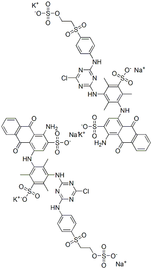 94157-80-9,2-Anthracenesulfonic acid, 1-amino-4-[[3-[[4-chloro-6-[[4-[[2-(sulfooxy)ethyl]sulfonyl]phenyl]amino]-1,3,5-triazin-2-yl]amino]-2,4,6-trimethyl-5-sulfophenyl]amino]-9,10-dihydro-9,10-dioxo-, potassium sodium salt