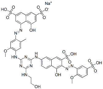 94944-83-9,2,7-Naphthalenedisulfonic acid, 4-hydroxy-5-[[4-[[4-[(2-hydroxyethyl)amino]-6-[[5-hydroxy-6-[(2-methoxy-5-sulfophenyl)azo]-7-sulfo-2-naphthalenyl]amino]-1,3,5-triazin-2-yl]amino]-5-methoxy-2-methylphenyl]azo]-, monosodium salt